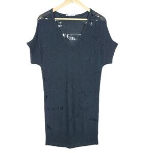 Autumn Cashmere Womens Sweater Small Black Knit Distressed Short Sleeves V Neck